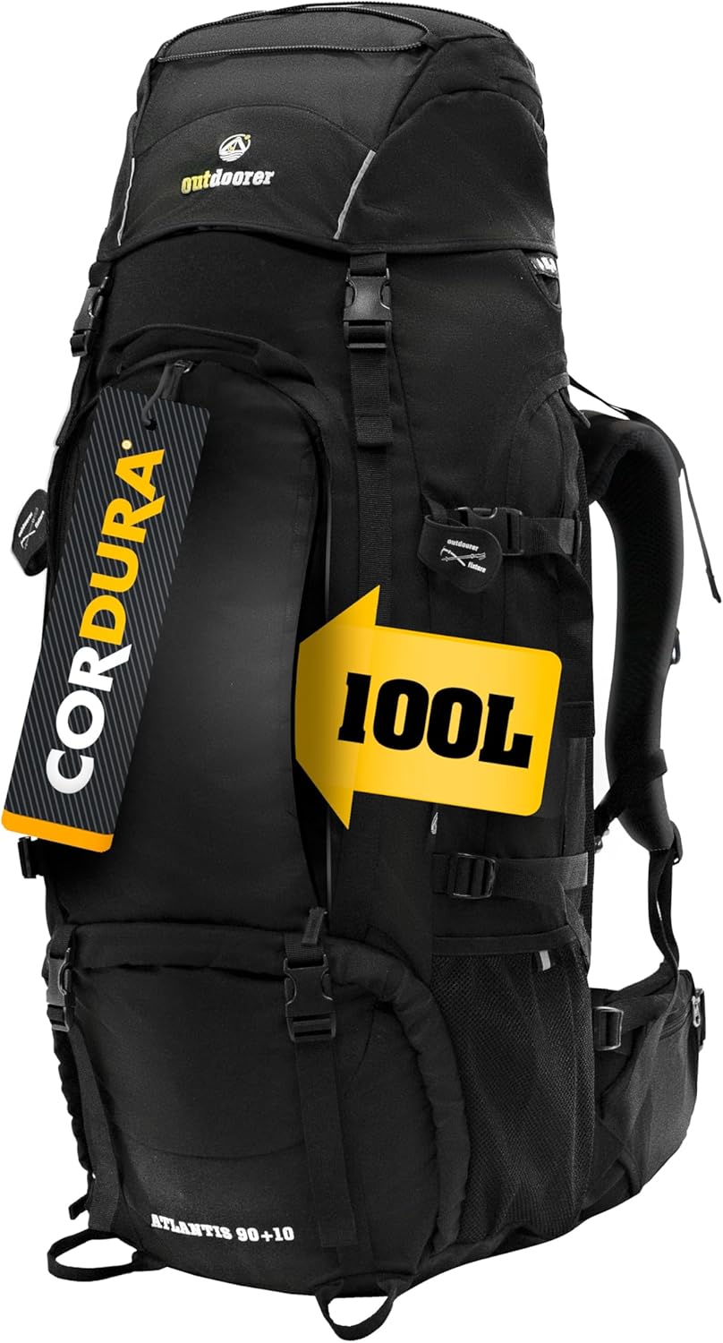 outdoor Black Travel Backpack Atlantis - Large Trekking Backpack in Black 100% Cordura Backpacker Backpack with Front Access for Travel 100 L