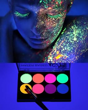 UV Face Paint Kit, Glow In The Dark Paint, Neon Fluorescent Body Painting 8 Colors Professional Brush,Water Based Black Lights Makeup,Halloween Party Supplies,Projects Costumes Theater