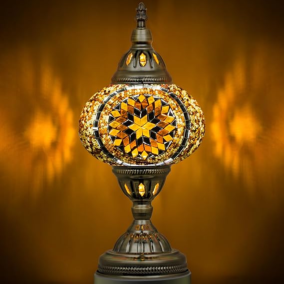 Marrakech Turkish Mosaic Lamp Stained Glass Table Lamp with Tiffany Style | Handmade Moroccan Table Lamp with Bronze Base, Decorative Accent Vintage Lamp for Living Room Bedroom Including LED Bulb