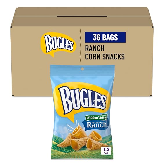 Bugles Corn Snacks, Ranch Flavor, Single Serve Pouches, 36 Ct, 3.38 lb Case