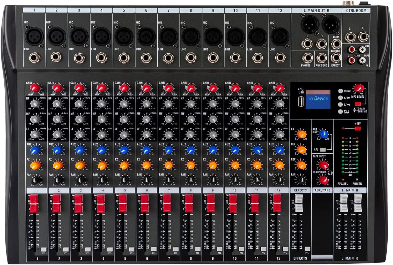 12 Channel Audio Mixer Portable Professional Stereo Mixer with Bluetooth Equipped with 12 Microphone Inputs LCD Display Suitable for Home Parties and Bars