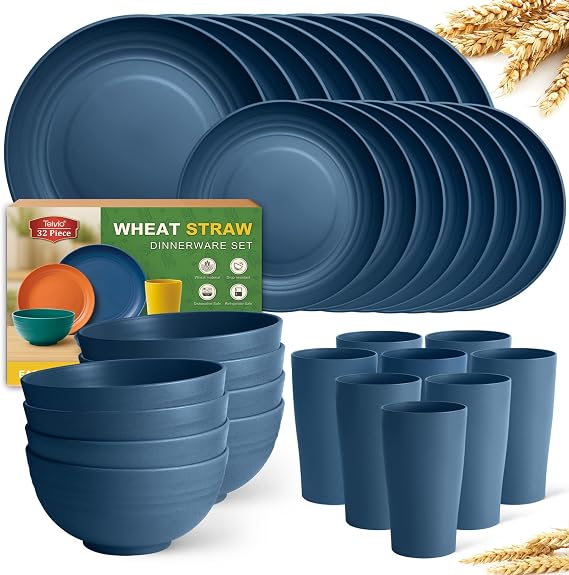 Teivio 32-Piece Plates and Bowls Sets for 8, Autumn Blue Dinnerware Sets | 13.5oz Cups, Plastic Wheat Straw Unbreakable Dish Set, Dishwasher Safe, for Outdoor Camping RV Apartment Essentials Plate Set