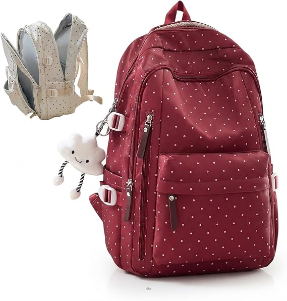 Kawaii Polka Dot Backpack for Adults, Cute Nylon Daypack for Daily Commuting