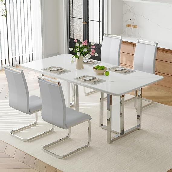 63" White Marle Dining Table Set for 4 | Faux Marble Modern Kitchen Table Set, Dining Room Table with 4 PU Chairs for Dining Room, Office