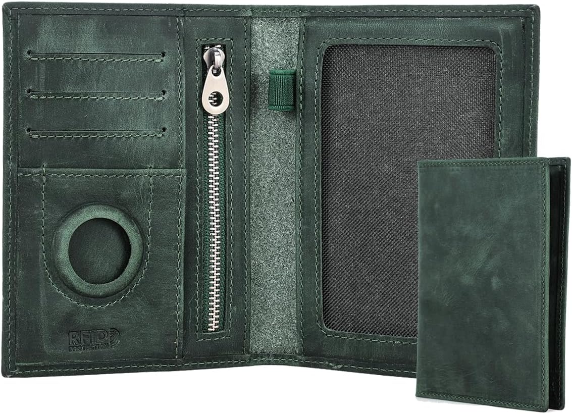 CONTACTS Full Grain Leather Airtag Passport Holder RFID Blocking Travel Passport Wallet Slim Passport Cover Case with 4 Cards Slots, Coin Pocket Green