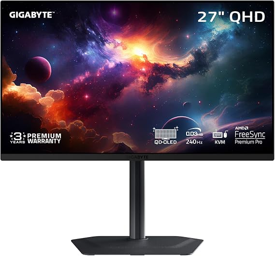 GIGABYTE - MO27Q2-27" QD-OLED Gaming Monitor - QHD 2560x1440-240Hz - 0.03ms GTG - AMD FreeSync Premium Pro - Type C KVM - HDMI, DP - Height Adjustable - Black