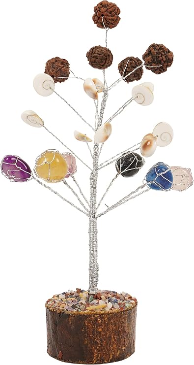 HARMONIZE Natural Stone Wired Tree Bonsai Fengshui Decorative Tree with Chakra, and Rudraksha Leaves Healing Crystal Table Decor