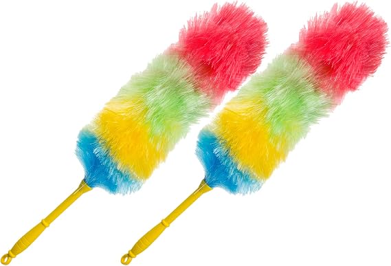 Magic Long Dry Feather Duster Cleaning Tool - Pack of 2 - Mini Rainbow Plastic Dust Cleaner for Furniture - Static Washable Dusting Hard Bristle Brush