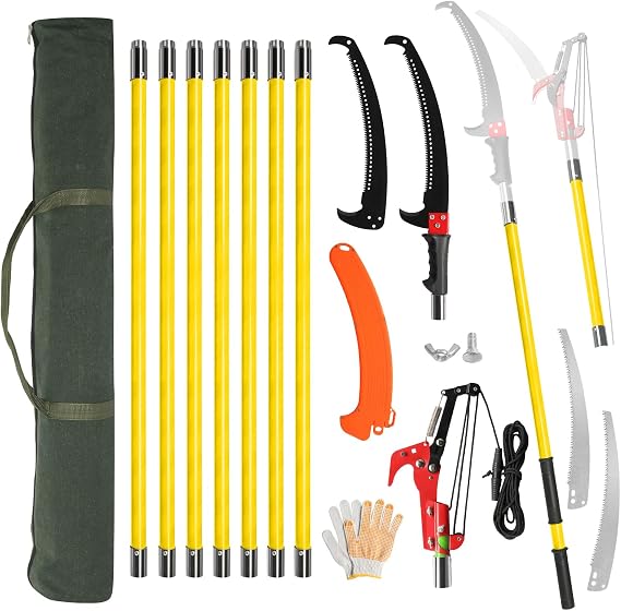 30FT Telescopic Tree Pruner with Steel Blade and Shears, Yellow | 2 in 1 – Manual Pole Saw & Long Reach Pruning Saw, Extendable Branch Cutter for Garden, Oak, Palm Outdoor Use