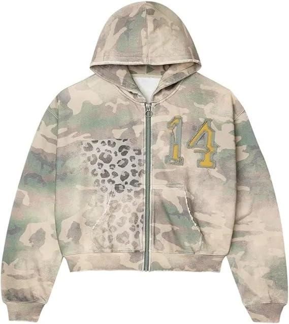Y2K Camouflage Jacket Zip Up Number Graphic Jacket Grunge Leopard Print Patchwork Hoodie Streetwear Unisex