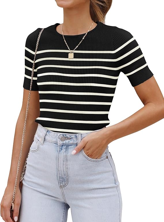 ZESICA Women's Striped Short Sleeve Ribbed Knit Fitted T Shirts
