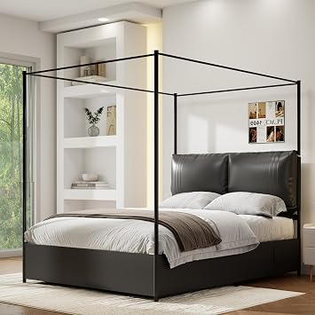 Modern Canopy Bed Frame with Upholstered Faux Leather Headboard Tall Four Poster Metal Platform Bed, No Box Spring Needed, Queen Size, Black