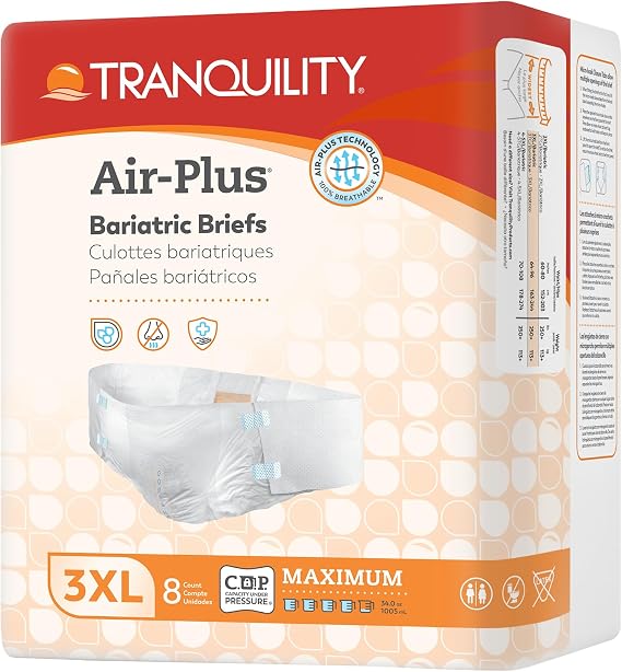 Tranquility Air-Plus Bariatric Disposable Briefs 3X-Large 64"-96" with Peach Mat Core for Dry Skin, Odor Control & Max Comfort, Secure Kufguard Technology, 34oz Capacity, 8ct Bag