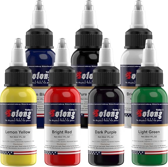 Tattoo Ink,Solong Tattoo Ink Color Set Easy to Mix Professional Tattoo Ink Set 1 OZ 7 Basic Pigment Kit Colors Original TI302-30-7-SL