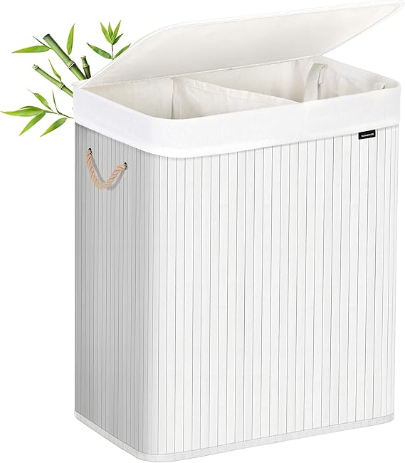 SONGMICS laundry basket made of bamboo, 2 compartment laundry box, laundry separator with lid and removable laundry bag, cotton handles, 100 L laundry box, white LCB64WT