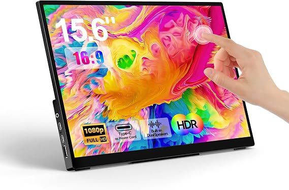 Portable Monitor Touch Screen 15.6" 1080P FHD IPS, 10 Point Touch Travel Game Display with Dual Speakers & Kickstand, USB-C HDMI External Screen for Laptop, MacBook, Phone, PS5, Switch