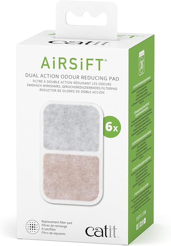Catit Airsift Dual Action Air Purifier Pad, 6 Pack Two Media Filter to Keep Litter Box Odors at Bay