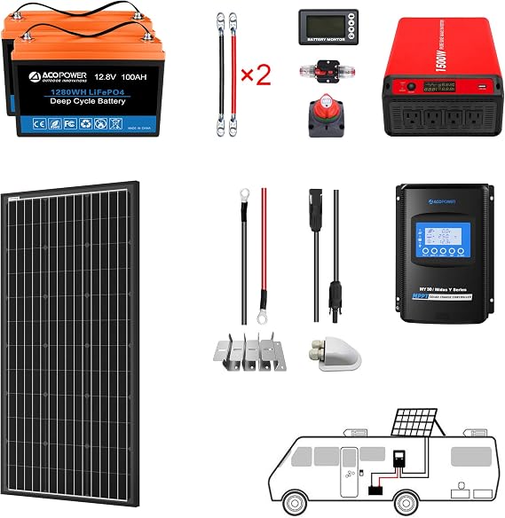 ACOPOWER 200Ah Battery 200W Solar Power System: 2PCS 100Ah Lithium Batteries+1500W Inverter+1PCS 200W Mono Solar Panels+30A MPPT Controller, for RV Boat 12V Off Grid Complete Solar Kit