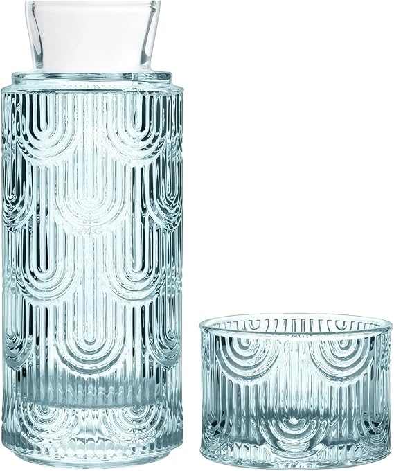 Bedside Water Carafe and Glass Set, Mouthwash Water Dispenser for Bathroom, 21.6 OZ Glass Pitcher Bottles with 6 OZ Lid for Kitchen Bedroom and Dining (Light Blue)