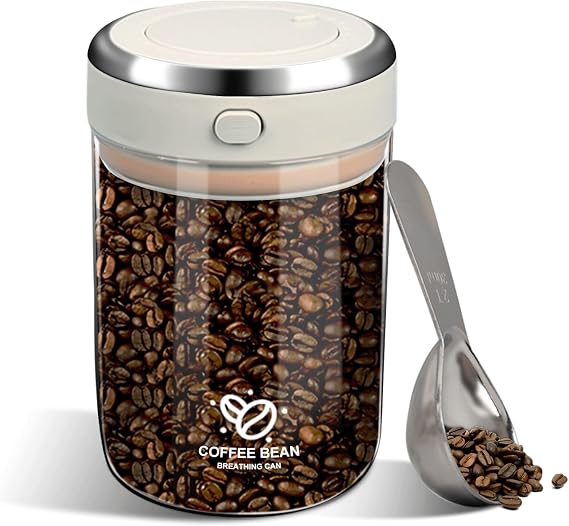 Airtight Coffee Canister, Borosilicate Glass Coffee Bean Storage Jar with One-way CO2 Valve and Date Tracker Food Storage Container Clear Glass Vacuum Seal Container for Nuts Spices Sugar Tea (1100ml)