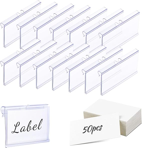 Meetory 50 PCS Clear Plastic Label Holders for Wire Shelf Retail Price Label, 8cm x 4cm Basket Labels Clip On Labels for Storage Bins, Merchandise Sign Display Holder for Supermarket Shop