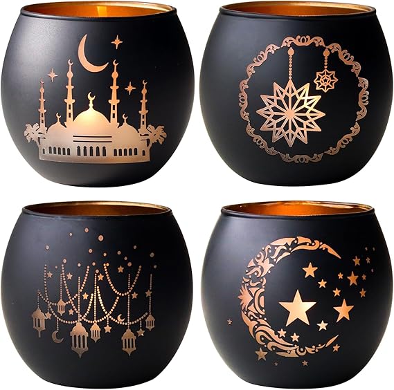 Eid Mubarak Decorations for Home, Ramadan Table Decor 4 Pcs, Elegant Black & Gold Glass Tealight Candle Holders, Votive Candle Holders Ramadan Decorations for Home, Islamic Gifts