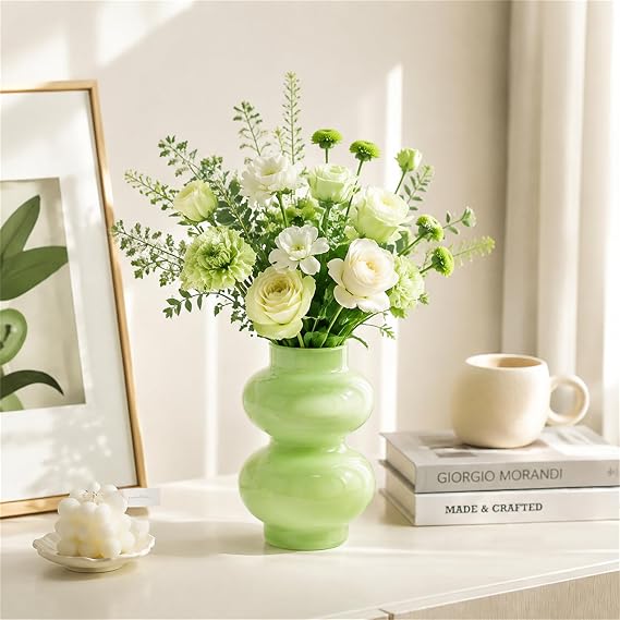 JSPYFITS Glass Hydroponic Flower Vase, Double Balls Colored Glasses Bubble Vases for Flower, 7 Inches Glass Funky Vase for Home/Office/Weddings/Party Table Flower Decor (Milky Green)