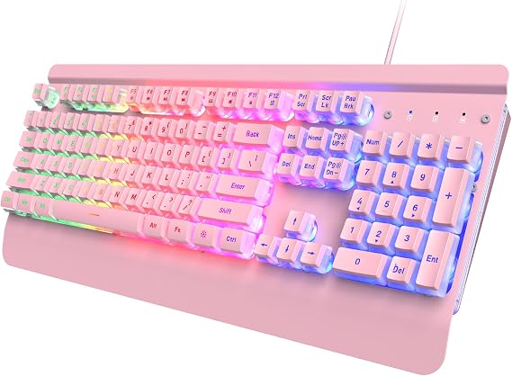 Pink Creamy Keyboard Gaming, 104 Keys All-Metal, USB Wired, Backlit Silent | Pink Creamy Keyboard Rainbow LED Backlit, Wrist Rest, PBT keycaps, Anti-ghosting, Light Up USB Wired Computer Keyboard for PC
