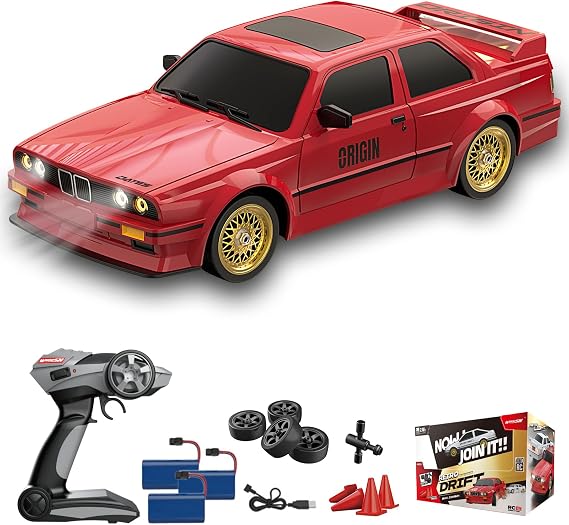 Drift Car 30 km/h RC Drift Car 1:16 2.4 GHz Remote Controlled Car 4WD RC Car Drift Car with LED Light 4 Racing and Drift Wheels Cool Red Retro Style