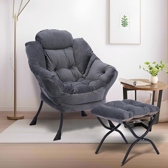 Lazy Chair with Ottoman,Modern Living Room Chairs Large Accent Lounge Chair,Leisure Upholstered Sofa Chair with Armrests and A Side Pocket,Reading Chair with Footrest (Dark Gray)