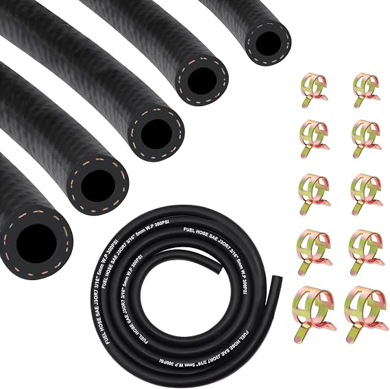 6.6Ft Fuel Line Hose Kit 5PCS with 50Pcs Clamps, 3/8",5/16",1/4",1/2",3/16" ID High Performance 300PSI NBR Rubber for Automotive, Small Engines, ATV, Push Lock Reinforced