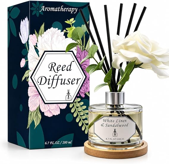 Reed Diffuser Set, White Linen & Sandalwood 6.7 fl oz Oil Scent Diffuser with Sticks, Home Fragrance Diffuser for Bathroom Bedroom Office Shelf Decor