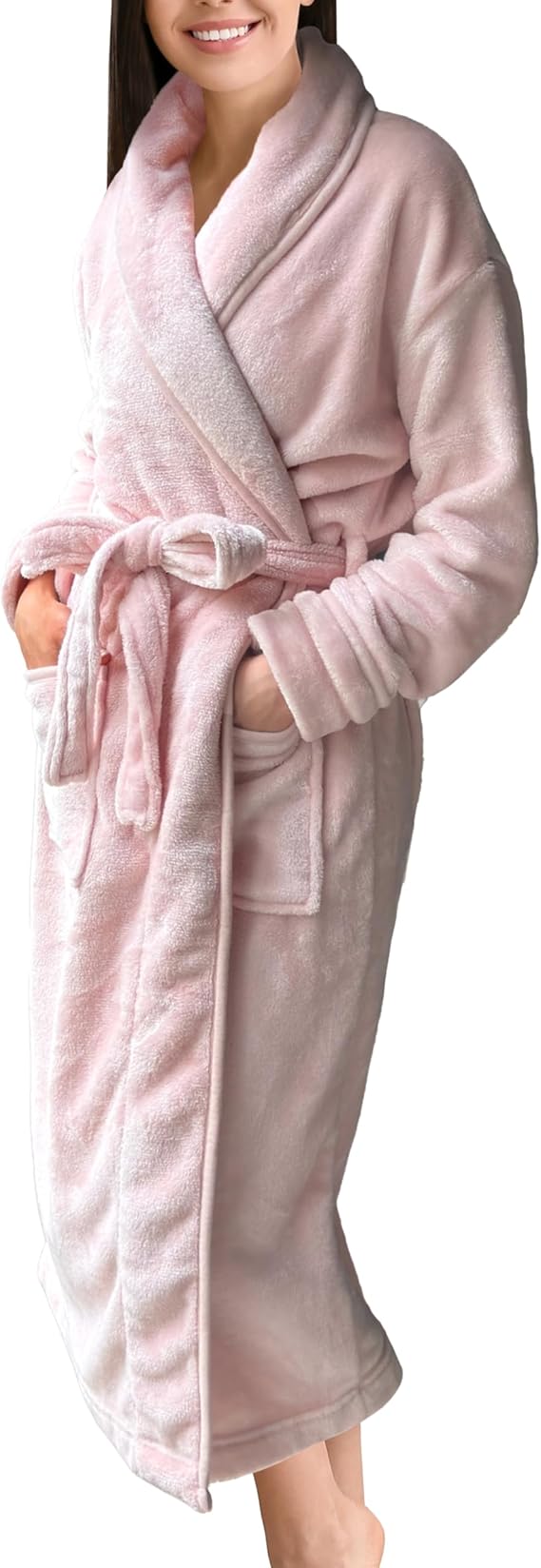 Elegant Comfort Luxurious Womens Spa Plush Fleece Bathrobe with Shawl Collar and Pockets - Velvet Soft Fluffy, Warm Long Robe