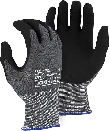 Majestic 30-1000/L Superdex Premium Foam Nitrile Palm Dip Glove, Nylon and Spandex Shell, Abrasion Resistant, Anti-Slip Technology Provides Grip, Large, Gray
