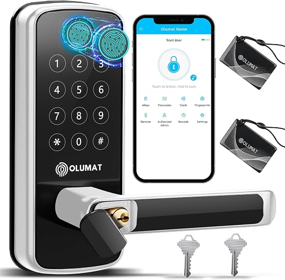 OLUMAT Smart Lock with Handle: Wi-Fi Keyless Entry Door Lock - Smart Locks for Front Door - Biometric Fingerprint Door Lock - Smart Door Lock with Keypad - Garage Door with App Control - Auto Lock