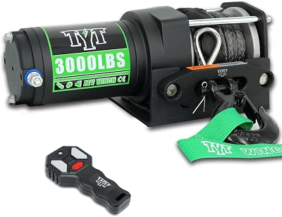 TYT 3000 lb ATV Winch, 12V DC Electric Winch with Wireless Remote and Wired Switch, 15x 32FT Synthetic Winch Rope with Fairlead and Winch Mounting Plate