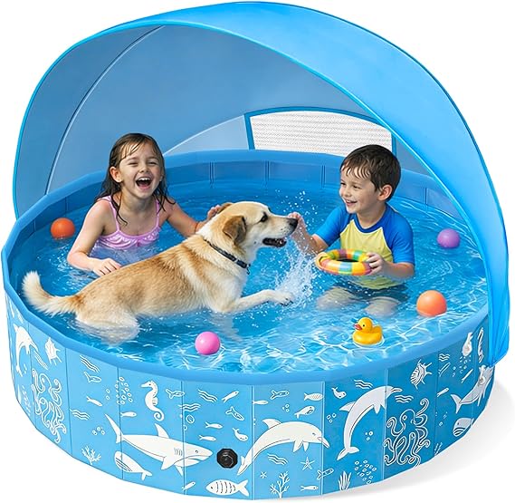 Instraella Dog Paddling Pool with Canopy, Large Dog Pool with UV Protection, Foldable Paddling Pool for Kids & Dogs, Thickened Pet Swimming Pool, Portable Dog Bath Tub for Small, Medium, Large Pets