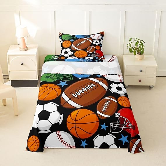 Feelyou Football Bed Sheets Set Twin Size Basketball Sports Deep Pocket Fitted Sheet Soccer Ball Game Bedding Sets Black Baseball Gaming Soft Bed Set 3Pcs with 1 Pillow Cases Gift for Sports Lover