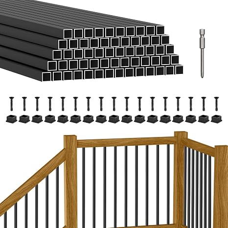 BLIKA 60 Pack 26" Square Aluminum Deck Balusters, 3/4" Black Aluminum Deck Spindles with Anti-UV Black Baluster Connectors, Hollow Aluminum Balusters for Wood and Composite Deck Porch Railing System