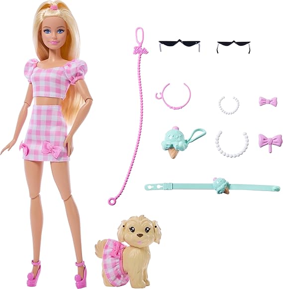 Barbie Twinning Looks Doll with Pet Dog in Matching Pink Gingham Clothes