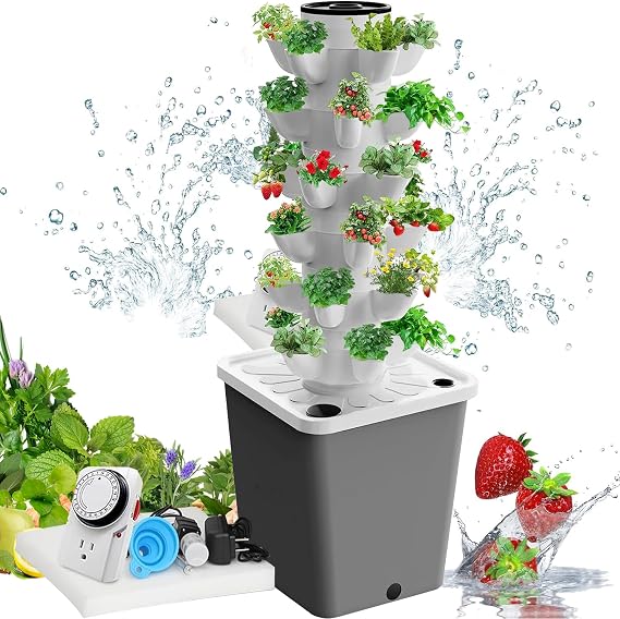 30 Pods Hydroponics Tower Garden Hydroponics Growing System Aeroponics Growing Kit Indoor Herb Garden Kit with Hydrating Pump, Adapter, Net Pots, Timer for Herbs, Fruits and Vegetables