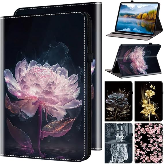 Case for Amazon Fire HD10 2023/HD 10 2024 Features Card Holder, Multi-Angle Kickstand & Golden Art Design, Slim Protective Folio Cover - Peony