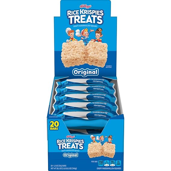 Rice Krispies Treats Crispy Marshmallow Squares, Kids Snacks, Cereal Bars, Original, 26oz Box (20 Bars)
