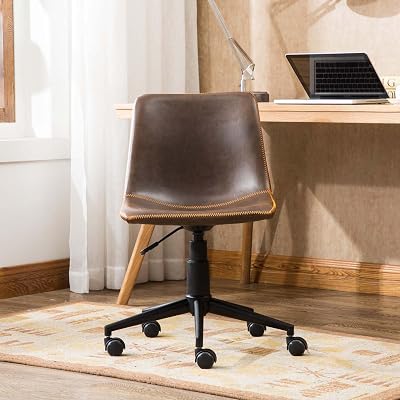 Brown Faux Leather Criss Cross Chair, Modern Armless Vanity Vhair with Wheels, 360 Swivel Air Lift Desk Chairs for Office, Reading Meeting Room (Brown)