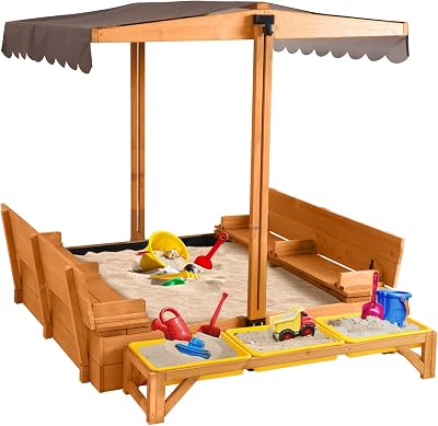 GUTINNEEN Wooden Kids Sandbox with Cover Sandbox with Lid Outdoor Sand Boxes with 3 Toy Bins