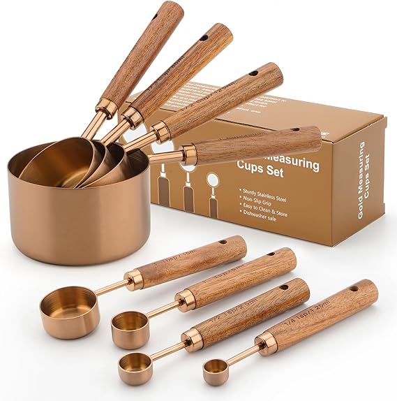 SHIKORI Measuring Cups and Spoons Set with Wood Handles 8PCS