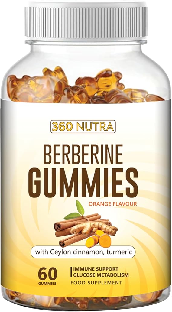 Berberine Supplement- Gummies Berberine with Ceylon Cinnamon & Turmeric for Immune Support- Berberine Glucose Support Supplement with Delicious Orange Flavor- 60 Gummies