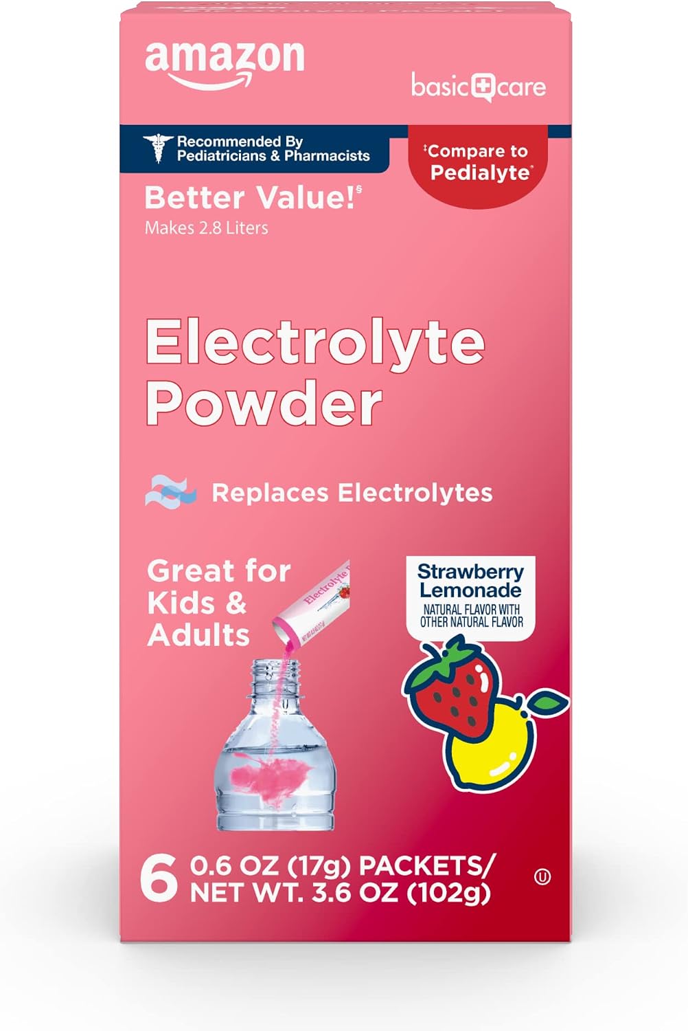 Amazon Basic Care Electrolyte Powder Packets, Strawberry Lemonade, 6 Count Pack of 1