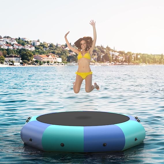 GYMAX Water Trampoline, Floating Lake Trampoline with Electric Pump & Rope Ladder, Inflatable Water Bouncer for Lake, Heavy Duty for Adults