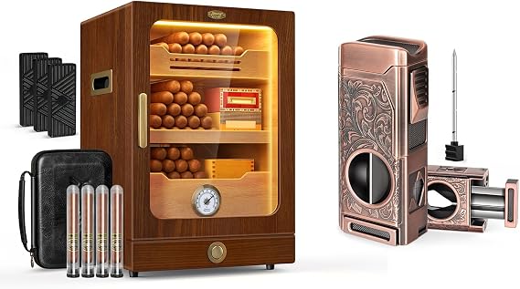 Tesonway Cigar Humidor Cabinet and Cigar Torch Lighter, with Light Control System, Cedar Wood Shelves, Hygrometer, 3 Humidifiers, 4 Jet Flame Cigar Lighter with Cigar Cutter V Cut Cigar Accessories